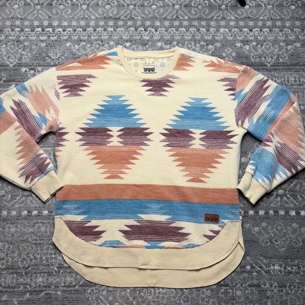 Turnrows Tribal Aztec Fleece Sweatshirt Womens Large Beige Pullover Western